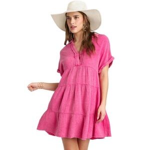 Umgee Women’s Hot Pink Mineral Wash Medium Baby Doll 100% Cotton Dress